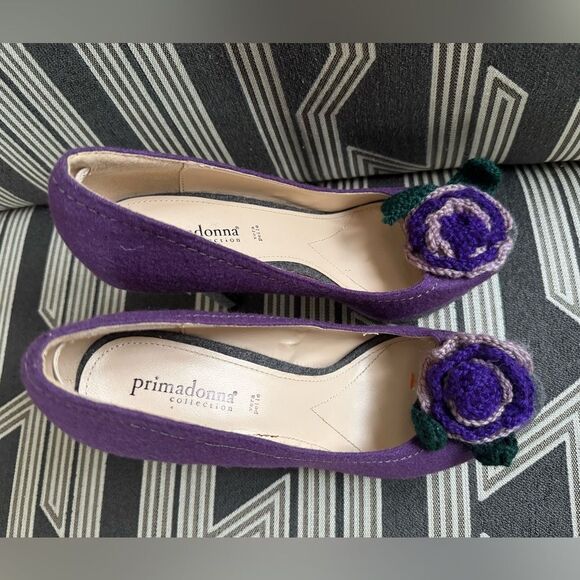 Primadonna Vera Pelle Purple Felt Wool Crochet Floral Peep Toe Pumps Size 10 - Picture 7 of 16